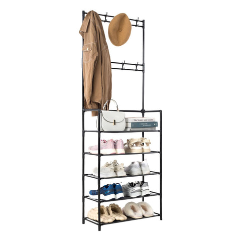 Porte-manteau polyvalent avec 5 étagères en TNT et 2 tringles – Capacité 10 paires