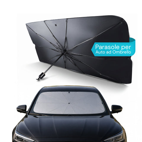 Parasol voor de auto in paraplumodel – Bescherming tegen uv-stralen – Universele maat – Afmetingen 140x80 cm – Constructie met 10 ijzeren baleinen en 170T-stof – Opvouwbaar met ruimtebesparend etui – Koelt het interieur