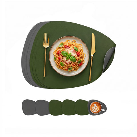 Set van 12 omkeerbare placemats en onderzetters van waterdicht en antislip PVC-kunstleer – 41x34 cm