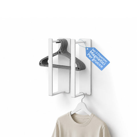 Lot de 2 organiseurs magnétiques pour cintres blancs en acier, support vertical gain de place pour armoire et dressing, capacité 10 kg