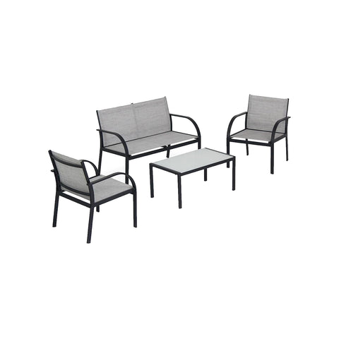 Salon de jardin avec 2 fauteuils, canapé et table basse en verre trempé