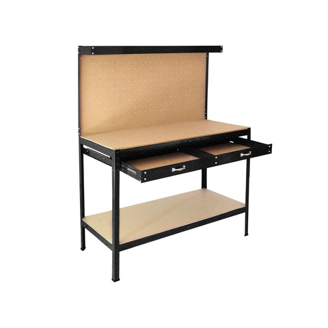Werkbank met 2 legplanken en 1 stalen lade, met MDF-achterwand, 150x120x60cm