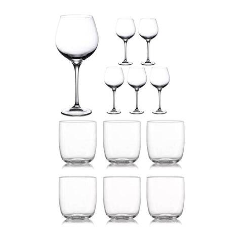 Aliseo-set van 12 stuks: 6 burgundywijnglazen en 6 kristallen glazen