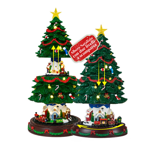 Sapin de Noël lumineux SpinPine de 45,5 cm avec village et petit train rotatif, lumières LED blanc chaud, musique de Noël, alimentation USB ou à piles