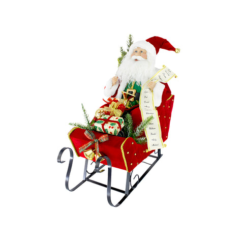 Père Noël sur un traîneau avec des cadeaux rouges