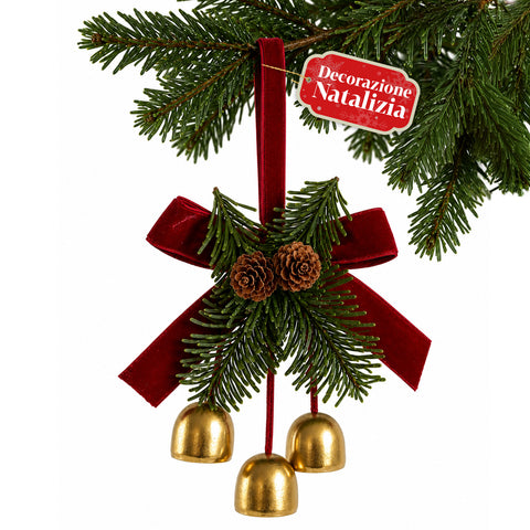 Cloches de Noël à suspendre avec branches de pin et nœud 12x18 cm