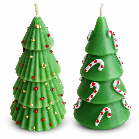 Bougie sapin de Noël 14 cm sans parfum en paraffine, décor assorti
