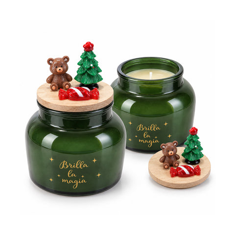 Geurkaars in glazen pot met gedecoreerd deksel – Geuren van dennen, kaneel en vanille – Herbruikbare houder met opschrift