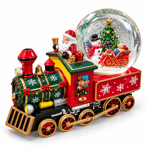 Kerstmuziekdoos met een glazen sneeuwbol in de vorm van een locomotief, de kerstman in de trein, mechanisch opwindbaar, afmetingen 22x13x17,5 cm