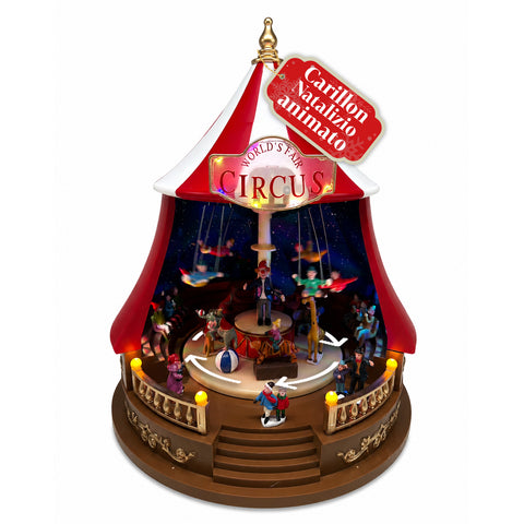 Carillon de Noël animé CircoJoy avec lumières LED et musique, chapiteau de cirque Ø34 x H44 cm en plastique, scène rotative, alimentation USB ou par piles