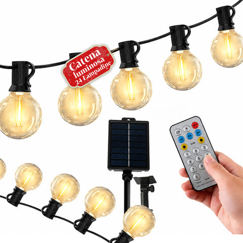 Guirlande lumineuse solaire d’extérieur de 15 m avec 24 ampoules LED G40