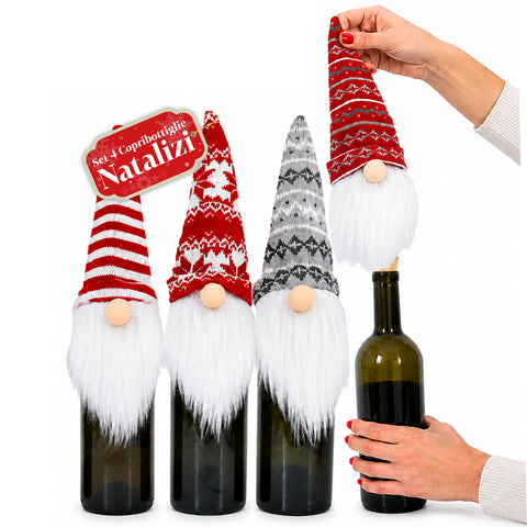 Set de 4 couvre-bouteilles de Noël en forme de gnomes avec bonnet en laine