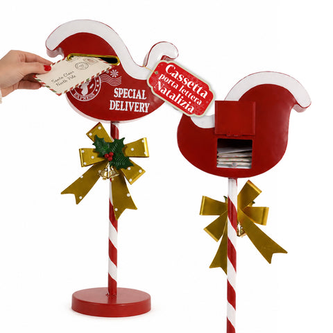 FlyPost, boîte aux lettres de Noël en métal en forme de traîneau, dimensions 23x14x50 cm, grande capacité, nœud doré, base de support