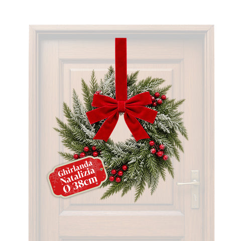 Kerstkrans van 38 cm met rode strik en bessen, sneeuweffect