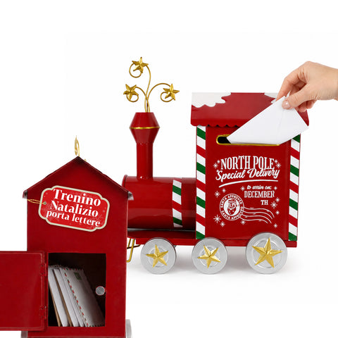 JingleRail, metalen kersttrein die brieven vervoert, achterklep, ruime capaciteit, afmetingen 28x16x36 cm