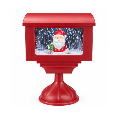 Decoratieve kerstlantaarn in de vorm van een brievenbus met sneeuweffect, ledverlichting en muziek, 2 varianten: kerstman of beertje, hoogte 41 cm, op batterijen