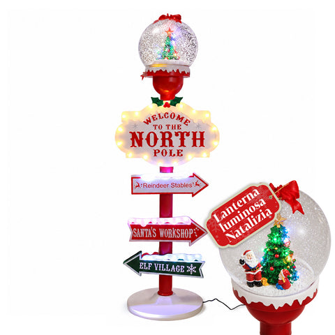 Lanterne de Noël avec lumières LED, effet neige et enseigne « Pôle Nord »