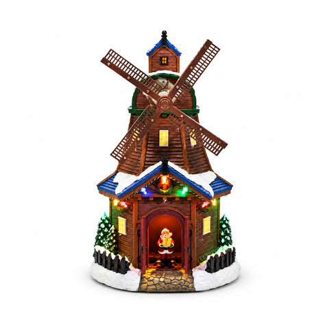Moulin à vent de Noël lumineux et musical avec mouvement, H34 cm