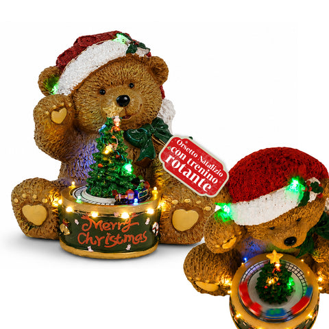 Ourson de Noël lumineux avec petit train rotatif et boîte à musique, Teddy XMAS Bear Station, décoration de Noël LED en polyrésine de 20,5 cm