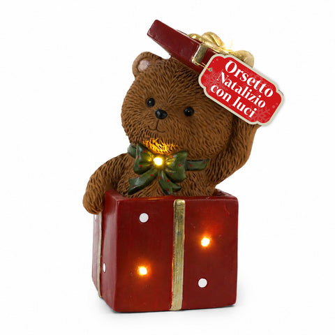 Ourson de Noël en polyrésine avec paquet cadeau, 2 variantes, lumières LED ponctuelles, alimentation par piles, finitions soignées, base stable