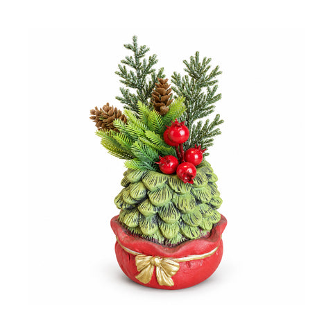 Decoratief boompje van 20 cm, kerstdecoratie voor op tafel met dennenappels, rode bessen en een verhoogde strik, 2 varianten rood en goud