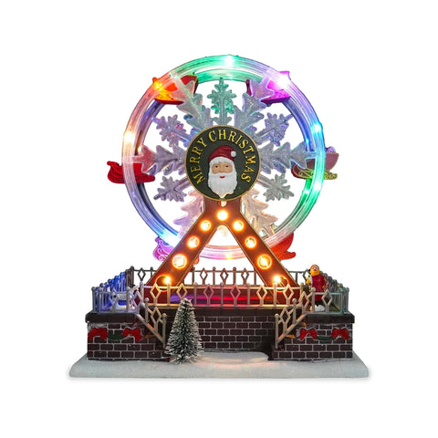Roue panoramique de Noël animée Joywheel avec lumières LED, musique et mouvement, village de Noël lumineux décoratif, 23x16x28 cm, à piles