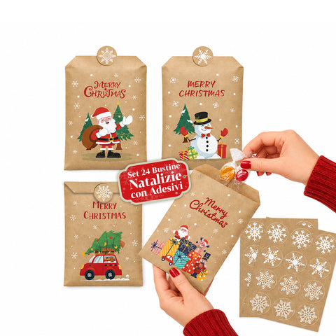 Sachets cadeaux de Noël, lot de 24 sachets en papier kraft avec autocollants