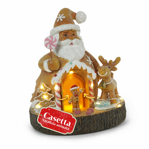 Santa Ginger - kerstdecoratie met peperkoekkerstman Santa Ginger, ledverlichting, muziek en een te openen deur, verlicht huisje van kunsthars 20,6 cm