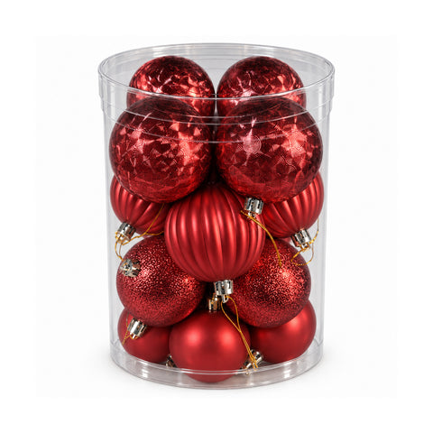 Set de 16 boules de Noël incassables de 7 cm – 4 finitions assorties brillantes, mates et pailletées – Décorations pour sapin et maison – Rouge, or, argent