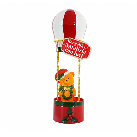 Teddy SkyFloat - Montgolfière de Noël lumineuse en métal avec ourson, lumières LED et cordes dorées à piles, hauteur 37 cm, avec guirlande et houx