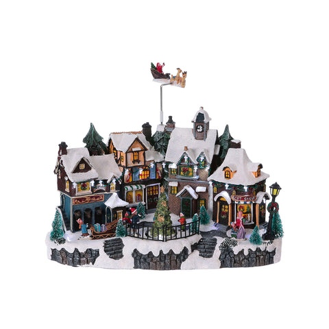 Village de Noël animé d’Helsinki avec lumières LED et musique de Noël, maisonnettes enneigées en polyrésine, décoration hivernale 22,5x32,5x21,5 cm