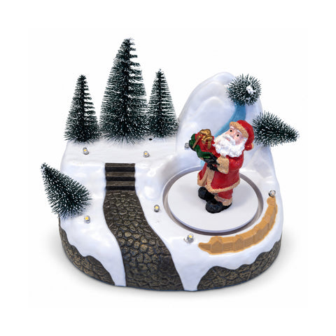 Village de Noël lumineux avec élément rotatif, lumières LED et musique – 3 variantes : sapin, père Noël, enfants – 17x14x15 cm