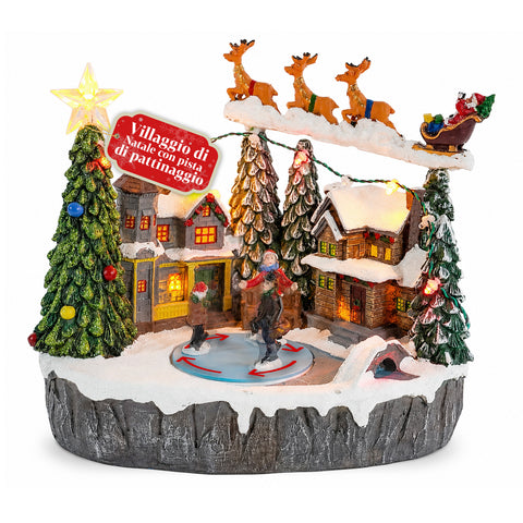 Snowtime verlicht kersttafereel met geanimeerde ijsbaan, LED-verlichting en muziek, slee van de kerstman, polyresin, 21,5x15,8x22,5 cm