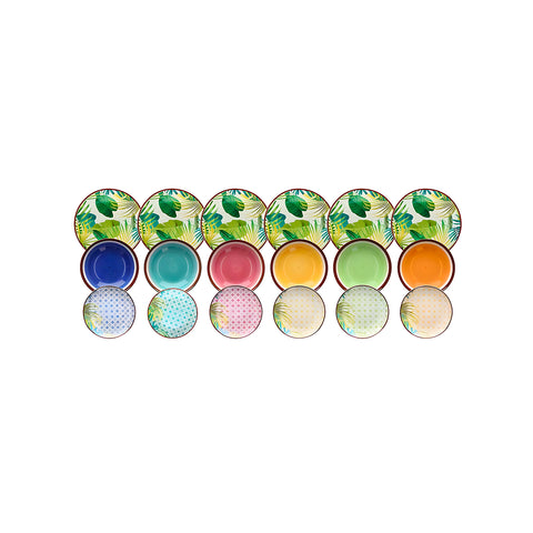 Set de 18 assiettes en porcelaine tropicale - lavable, compatible micro-ondes et four