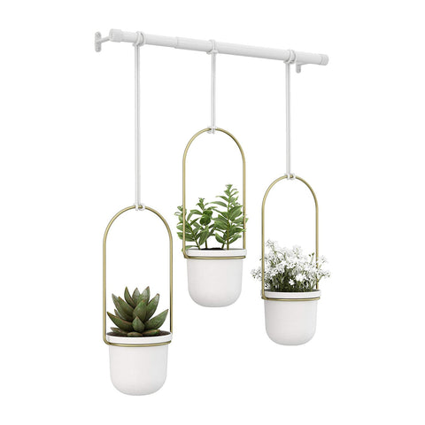 Set de 3 pots suspendus décoratifs en acier blanc/laiton