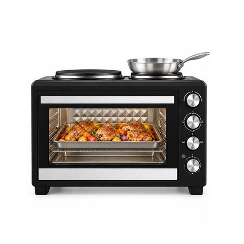 Mini-four électrique 40 L avec double plaque chauffante électrique, gril, 5 modes de cuisson, minuterie de 120 minutes, 100-250 °C et porte à double vitrage