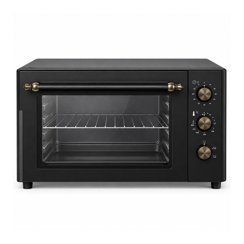 Four électrique de comptoir 70 litres avec thermostat réglable, minuterie avec alarme, éclairage intérieur, poignée en acier et finition noire mate