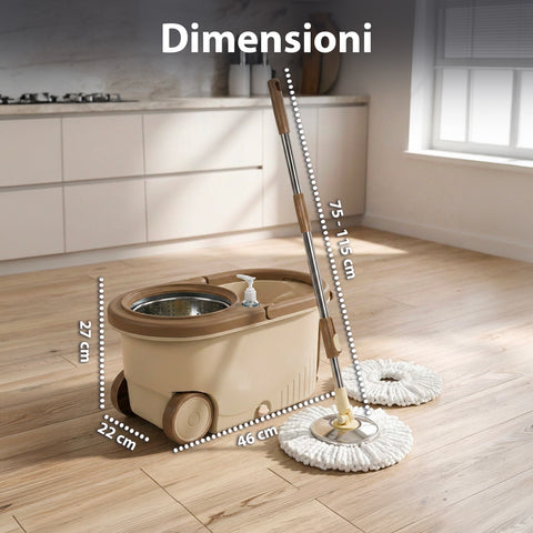 avilia home kit mocio rotante 360 con secchio 14l 46x27x22cm e centrifuga in acciaio include 2 testine in microfibra dosatore sapone e asta telescopica set lavapavimenti universale con ruote e scarico ean 8052879013140