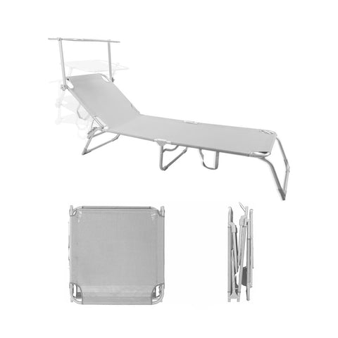 Lit de plage pliable avec pare-soleil en aluminium 2x1 blanc