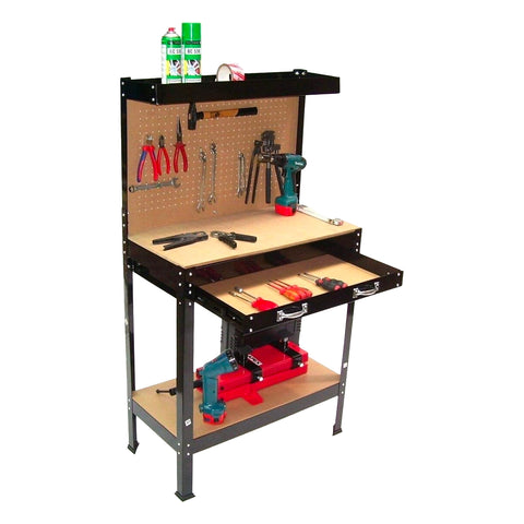 Werkbank met 2 legplanken en 1 stalen lade, met achterwand, 12 haken en MDF, 90x48x140cm