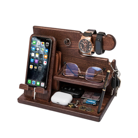 Bureau-organizer van hout met smartphonehouder en horlogehouder – inclusief houder voor oplaadkabel – 25,5x15x18,5 cm