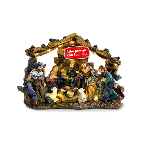 HolyGlow kerststal in polyresine met ledverlichting en aan/uit-schakelaar, rustieke stal en stabiele voet, 23x11,5x17 cm
