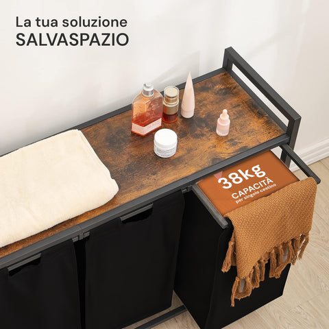 Avilia Mobile Portabiancheria  Struttura in Acciaio con 3 Cestini Estraibili e Ripiano in MDF Salvaspazio Multiuso 114L Ean 8056819050721
