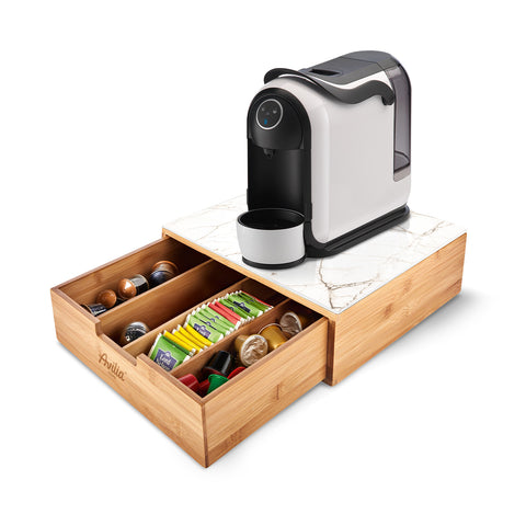 Bamboe lade voor koffiepads en -capsules met glazen plank, diverse achtergronden