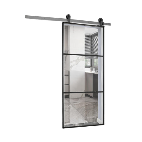 Schuifdeur met transparant glas en aluminium frame, 96 x 220 cm, zwart