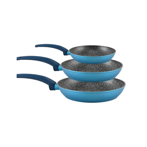 Poêles antiadhésives bleues avec fond à induction, set de 3 pièces avec poignée ergonomique