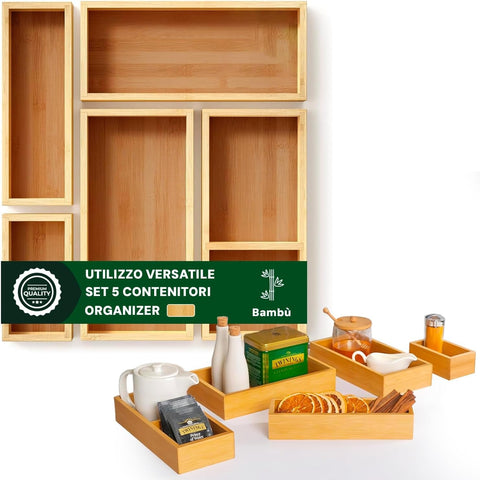Ensemble de 5 organiseurs modulables en bambou gain de place polyvalents pour la maison et la cuisine