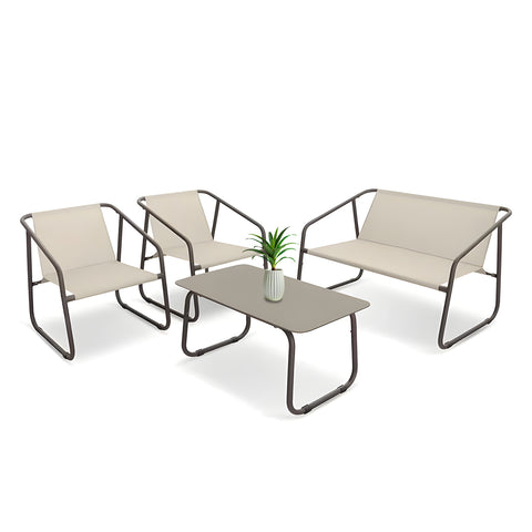 Ensemble de salon Nice avec table en verre, canapé et 2 fauteuils en textilène beige