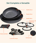 Set completo e versatile di padelle antiaderenti con dettaglio componenti: 3 padelle diverse misure, coperchi vetro temperato, utensili nylon e sottopentola
