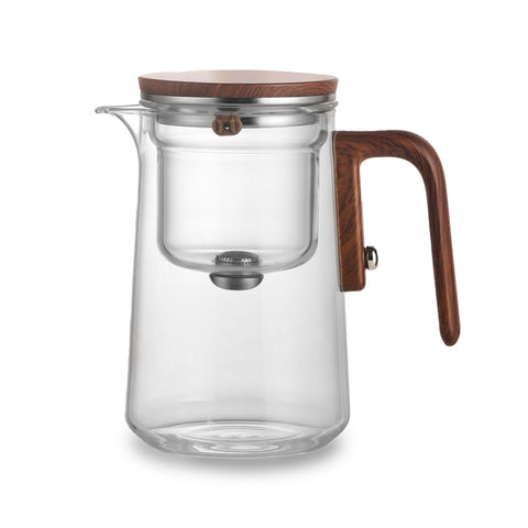 Glazen theepot met apart filter, hittebestendige handgreep en houtlookdeksel